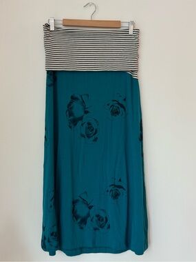 Smoking Lily Bamboo Foldover Maxi Skirt - Teal Floral & Stripes